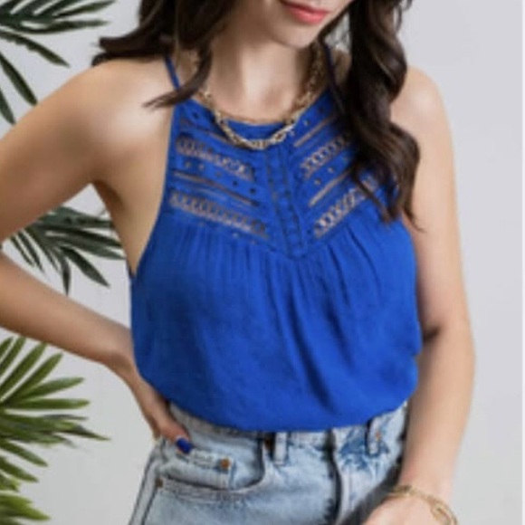 Mine Blue Tank Top with Lace Detail - Picture 1 of 2